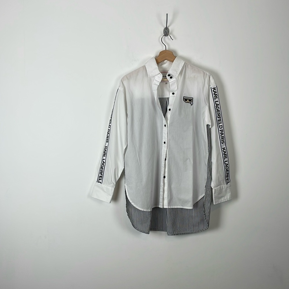 Karl Lagerfeld Paris Womens XS Button Down Spellout Long Sleeve Stripe Tunic Top
